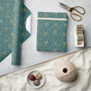Papel De Presente Arte Deco em Fio de Ouro   Pardal Azul Teal