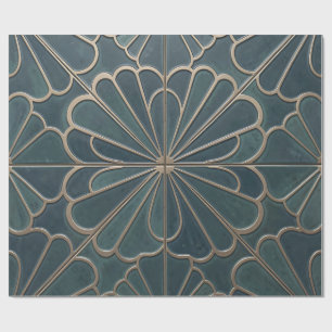 Papel De Presente Arte Deco Geométrico em Verde-Azul e Dourado com P