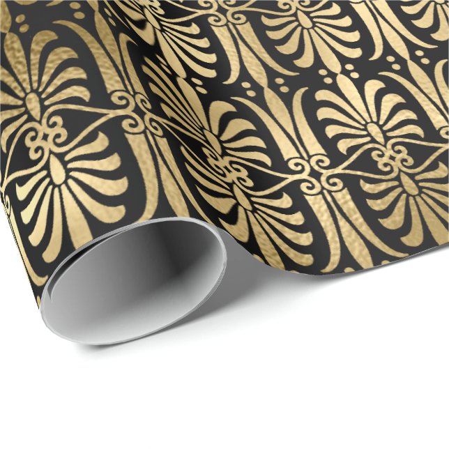 Papel De Presente Arte Deco Ornament Chic Dourado Elegante Preto (Ponta do rolo)