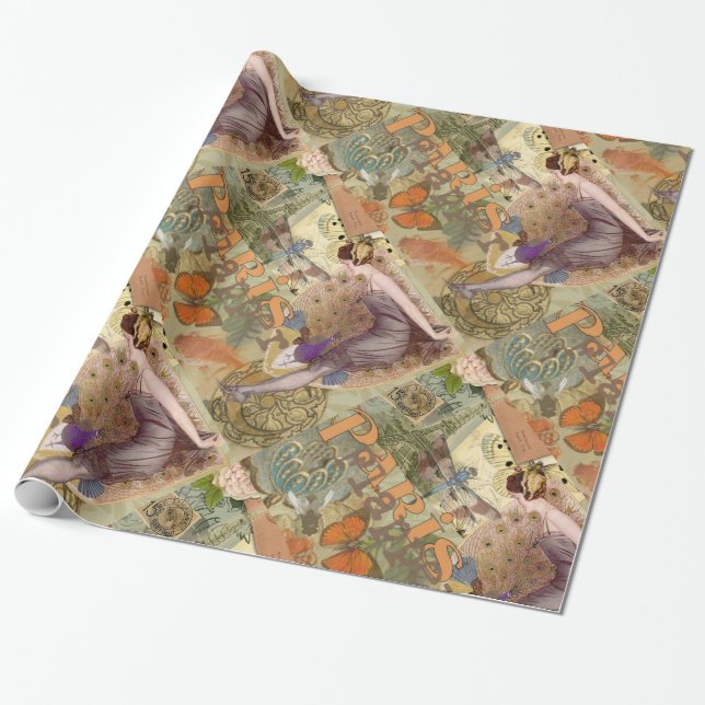 Papel De Presente Arte Deco Pavão Colagem Flapper Paris Antigo (Desenrolado)