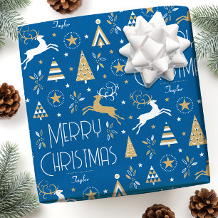 Papel De Presente Arte Deco Reindet de Natal Nome Personalizado Azul