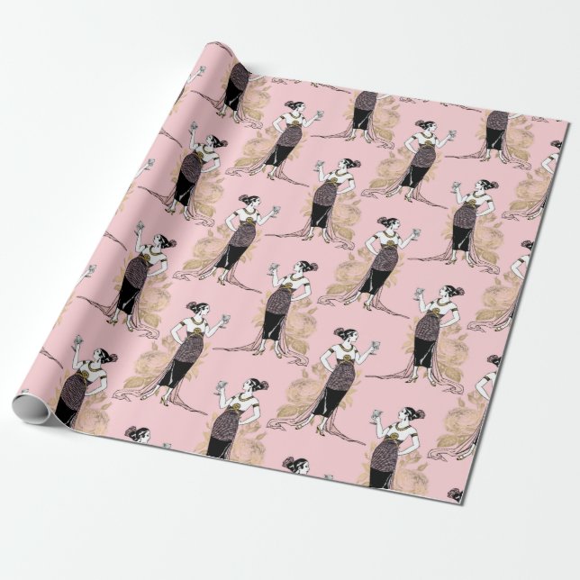 Papel De Presente Arte Deco Rosa e Dourado tema Vinho (Desenrolado)
