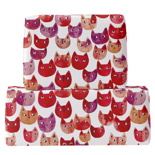 Papel De Presente Arte Divertida de Gato em Aquarela Vermelho Rosa R
