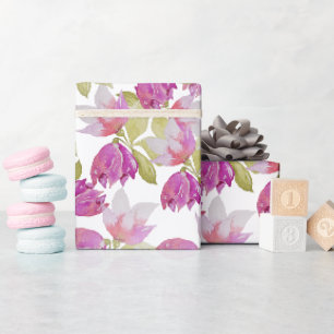 Papel De Presente Arte em Aquarela da Flor de Magnólia Lilás Rosa