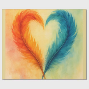 Papel De Presente Arte em Aquarela de Coração de Pena Colorida