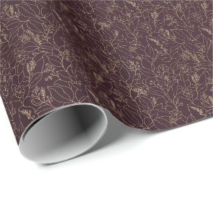 Papel De Presente Arte em Linha Floral Roxo Profundo Elegante