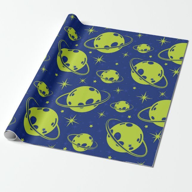 Papel De Presente Arte Espacial Vibrante: Planetas e Estrelas em Har (Desenrolado)