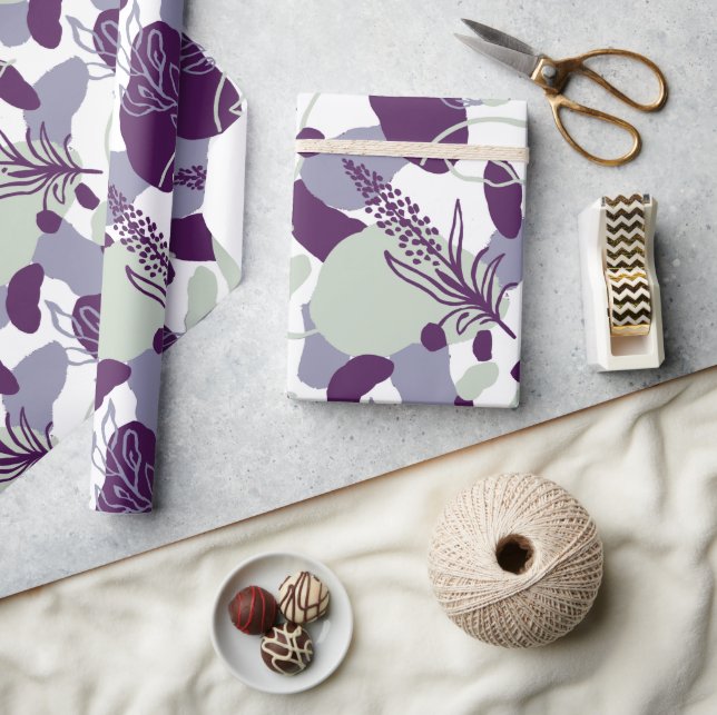 Papel De Presente Arte Floral Abstrata | Azul Marinho e Rosa Beije (Artesanato)