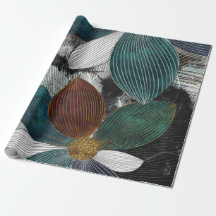 Papel De Presente Arte Floral com abstrato Linear com Petais Negros