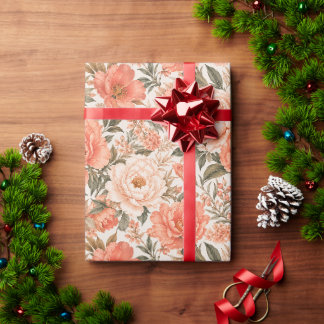 Papel De Presente Arte Floral Coral e Pêssego na Moda