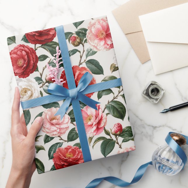 Papel De Presente Arte Floral de Camélia Neutra de Luxo (Presentear)