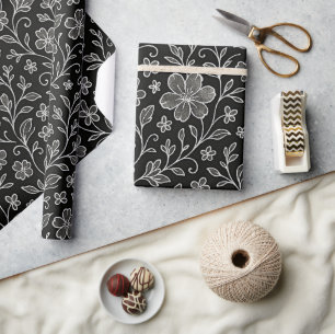 Papel De Presente Arte Floral de Folhas Elegantes em Preto Cinza