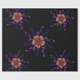 Papel De Presente Arte Floral Folclórica em Cobre e Roxo Caprichoso