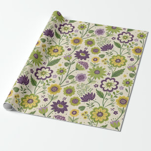 Papel De Presente Arte Floral Vintage dos Anos 1970 Verde Roxo Amare