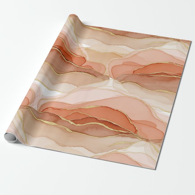 Papel De Presente Arte Fluida com Acento Dourado - Mármore Siena (Desenrolado)