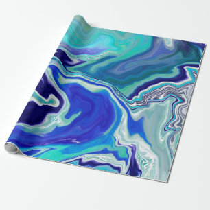 Papel De Presente Arte Fluida Real Azul e Branco Marble Waves