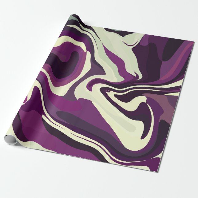 Papel De Presente Arte Fluido Abstrato com Tons Roxos e Creme (Desenrolado)