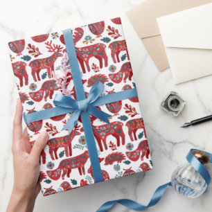 Papel De Presente Arte Folclórica de Animais da Floresta de Natal