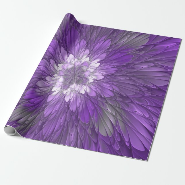Papel De Presente Arte fractal abstrata de flor roxa psicodélica (Desenrolado)