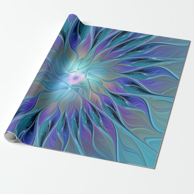 Papel De Presente Arte fractal abstrata do sonho da flor roxa azul (Desenrolado)