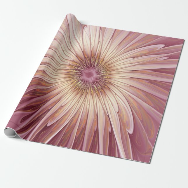 Papel De Presente Arte fractal de flor abstrata e tons de Borgonha (Desenrolado)