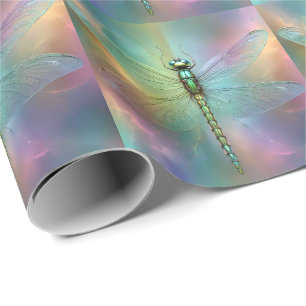 Papel De Presente Arte Fractal de Libélula Pastel Elegante,