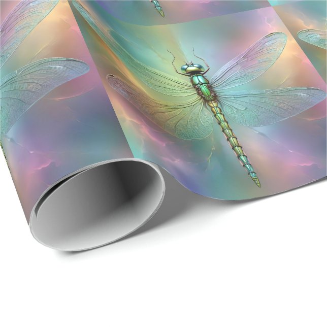 Papel De Presente Arte Fractal de Libélula Pastel Elegante, (Ponta do rolo)