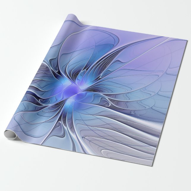 Papel De Presente Arte fractal moderna abstrata azul lavanda (Desenrolado)