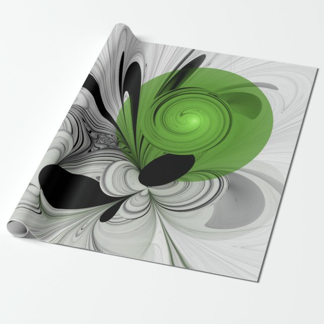 Papel De Presente Arte Fractal Preto e Branco Abstrato com Verde (Desenrolado)
