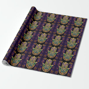 Papel De Presente Arte Hamsas Dourado Roxo Verde do Mardi Gras