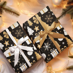 Papel De Presente Arte Linear de Natal Preto Dourado Branco Elegante