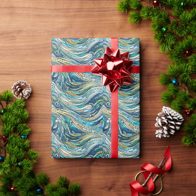 Papel De Presente Arte Mosaico Azul Turquesa de Ondas do Mar (Presente de Natal)