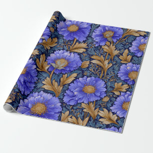 Papel De Presente Arte Nova Azul Rústico Floral Dourado Ousado