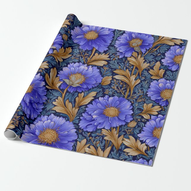 Papel De Presente Arte Nova Azul Rústico Floral Dourado Ousado (Desenrolado)