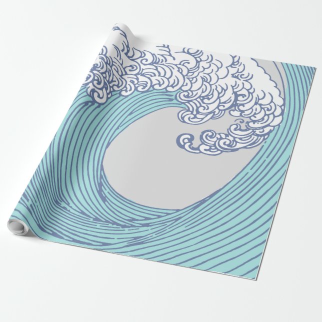 Papel De Presente Arte Oceânica Onda Surf Japonês (Desenrolado)
