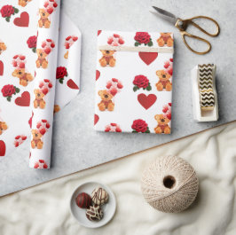 Papel De Presente Artesanato de Ursinho com Corações Vermelhos do Di