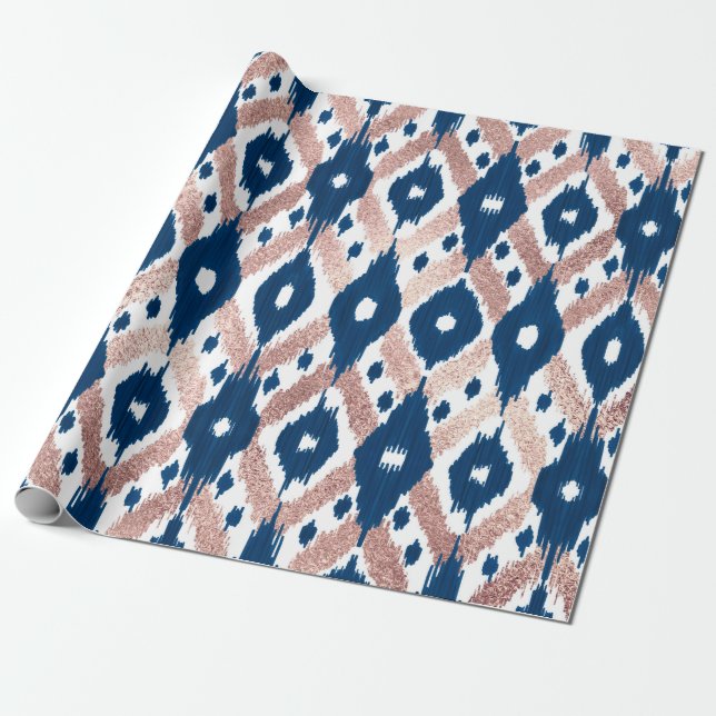 Papel De Presente Artsy Modern Rosa Dourado Marinho Blue Ikat Geo (Desenrolado)