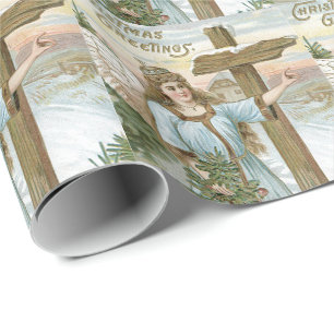 Papel De Presente Árvore de Natal Anjo Cruz Cabana de Inverno