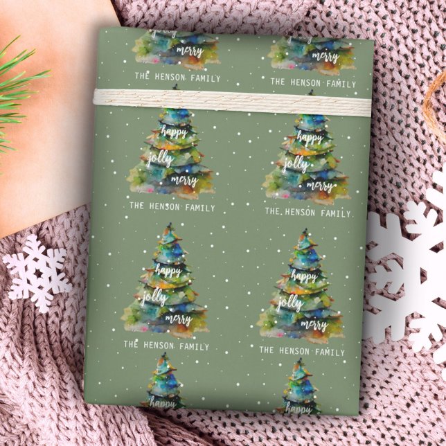 Papel De Presente Árvore de Natal Aquarela Alegre Feliz Contente (Criador carregado)