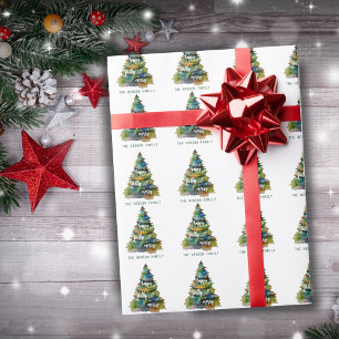 Papel De Presente Árvore de Natal Aquarela Alegre Feliz Contente