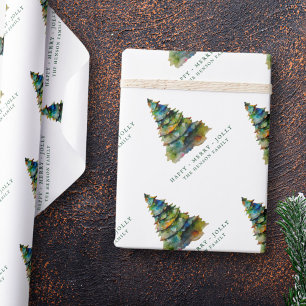 Papel De Presente Árvore de Natal Artística Aquarela Alegre Divertid