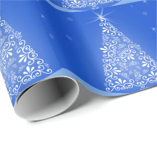 Papel De Presente Árvore de Natal Azul Branco Alegre Luz Noturna Est