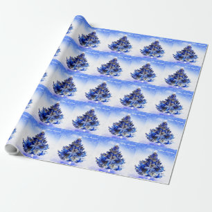 Papel De Presente Árvore de natal azul decorada personalizável