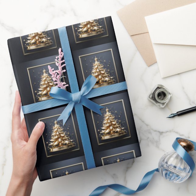 Papel De Presente Árvore de Natal azul dourado padrão contínuo natal (Presentear)