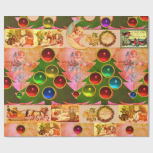 PAPEL DE PRESENTE ÁRVORE DE NATAL,BALAS COLORIDAS, ÂNGULOS, CRIANÇAS