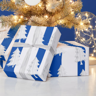 Papel De Presente Árvore de Natal Branca Enfeite Faixa Azul e Branco