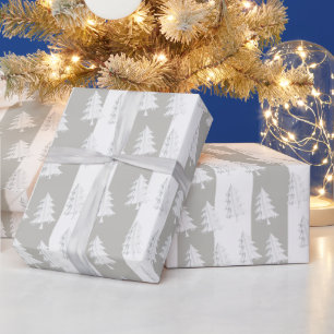 Papel De Presente Árvore de Natal Branca Enfeite Listras Cinza e Bra