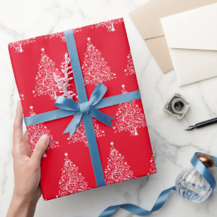 Papel De Presente Árvore de Natal branca fundo vermelho elegante chi