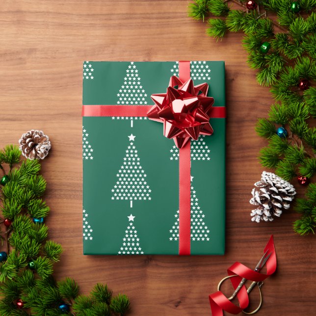 Papel De Presente Árvore de Natal Branco Padrão em Verde (Presente de Natal)