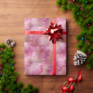 Papel De Presente Árvore de Natal Brilhante em Dourado sobre Rosa